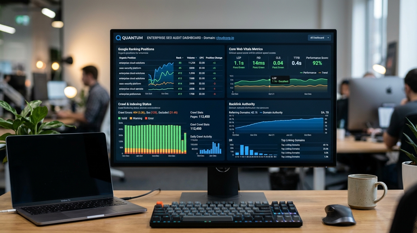 Enterprise technical SEO audit dashboard displaying organic search metrics